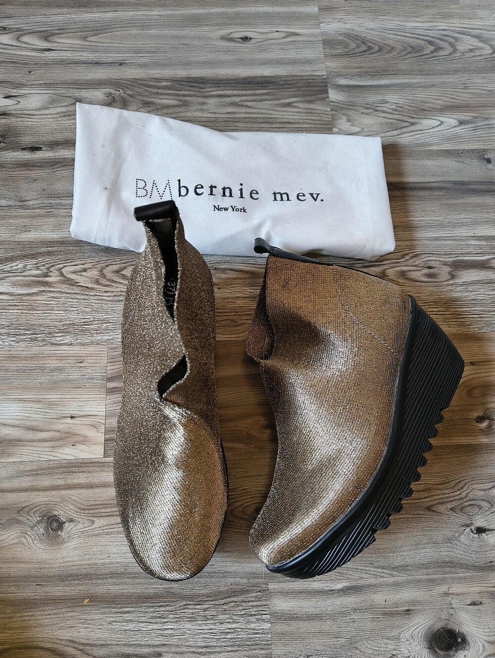 Bernie Mev Maile Bronze Elastic Wedge Booties Size 37 US 6-6.5